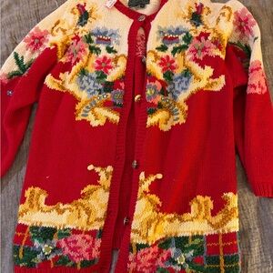 Vintage Red Floral Knit Cardigan Sweater